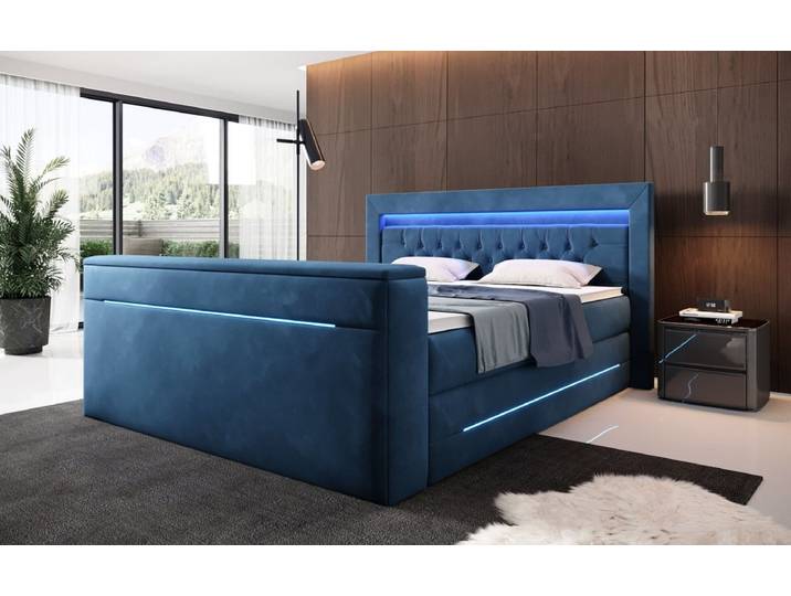 Boxspringbett Neptun mit TV Lift und RGB - Blau - 140x200 - H4 (100kg+) - Luxusbetten24
