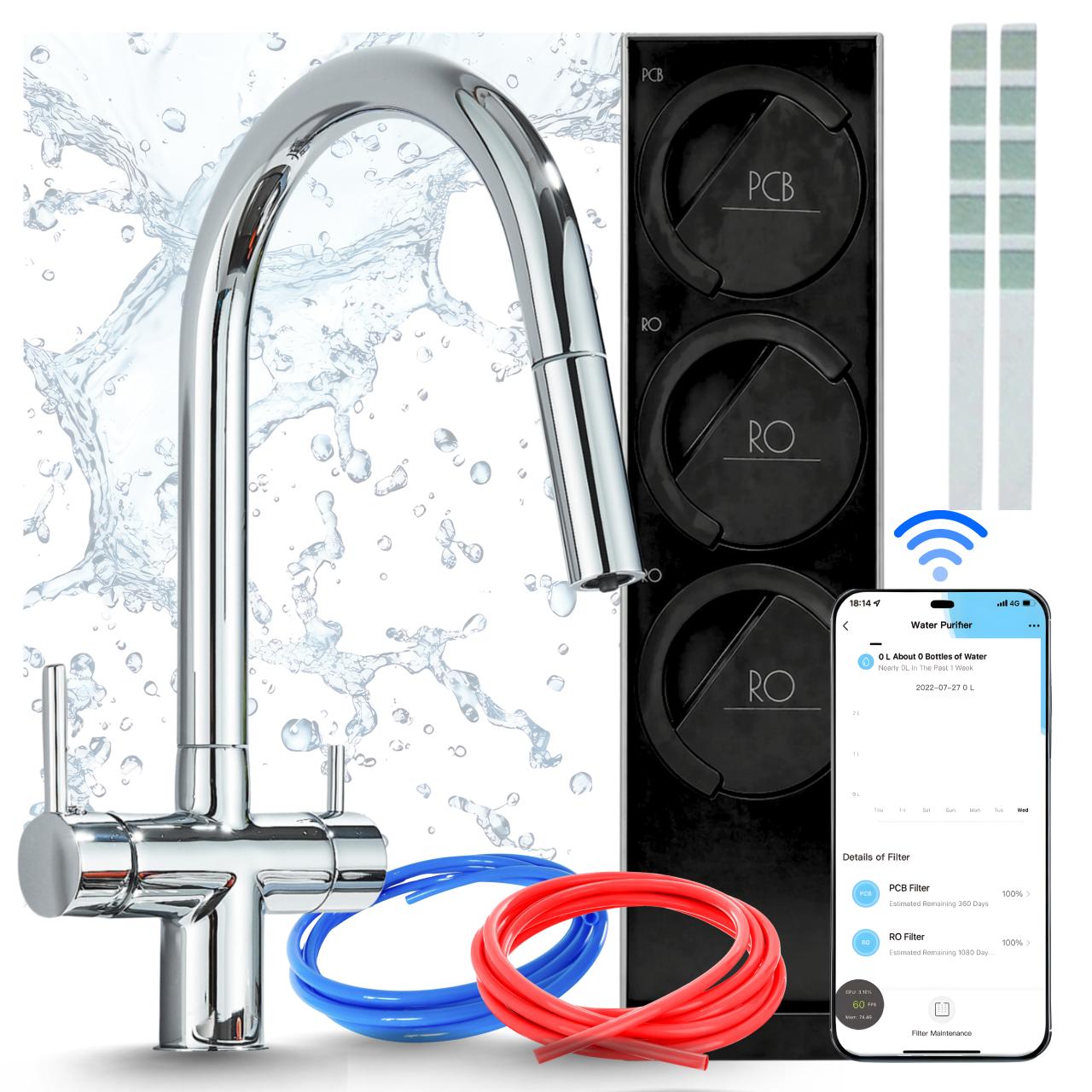 Küchenarmatur Mit Wasserfiltersystem Ari Slender, 800 Gpd Umkehrosmose, Wifi, Zweigriffarmatur Aus Messing, Chrom, Keramikkartusche, Perlator