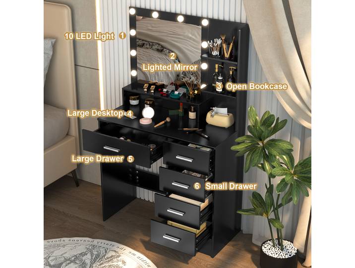 Coiffeuse noire avec 5 tiroirs et bureau de maquillage miroir éclairé