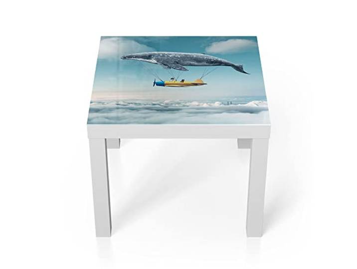 DEQORI Glastisch weiß klein 55x55 cm Motiv Buckelwal-Zeppelin ausgefallener Beistelltisch aus Glas Hochglanz Couchtisch fürs Wohnzimmer moderner Couch Tisch mit Design