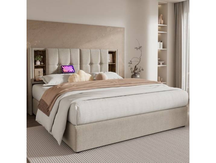 Lit double - Rembourré - 140x200cm - Charge sans fil - Rangement pratique