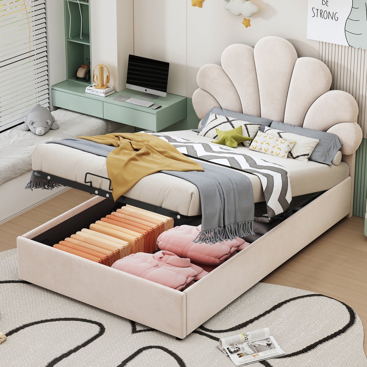 MODFU Bedframe met hydraulische opbergruimte, beige fluweel, 90 x 200 cm