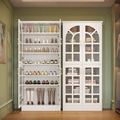 YUZHOU 8-Tier Tall Shoe Cabinet with Doors & Led Lights and Adjustable Shelves