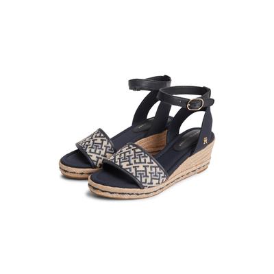 Keilsandalette TOMMY HILFIGER "TH MID ESPAD WEDGE JACQUARD", Damen, Gr. 38, blau (dunkelblau, weiß), Leder, Lederimitat, Textil, Schuhe, Sommerschuh, Riemchensandale mit kontrastreicher TH-Stickerei