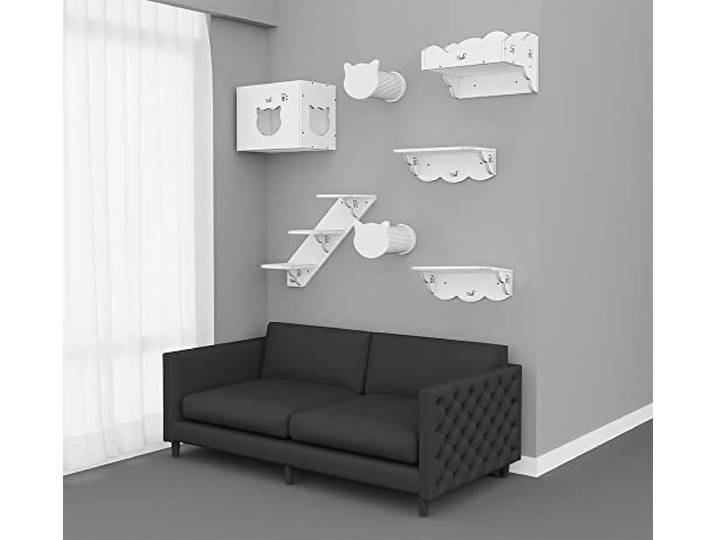 CatS Design Katzen Kletterwand Set XXL große Katzen stabil-Wandkratzbaum-Wandliege-Wandbett-Kletterstufen-Wandhöhle-Wand Kratzsäule-Wandelemente-7 Teilig Holz Wandpark K2