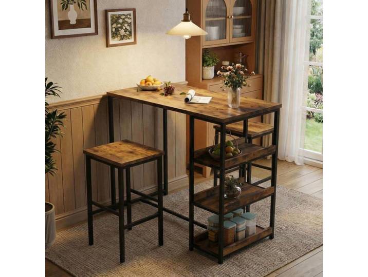 Ensemble table cuisine 3 pièces marron rustique 2 tabourets bar fer bois rangement petit appartement