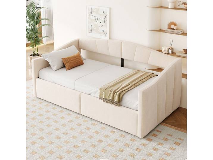 Lit enfant banquette rembourré beige 90 × 200 cm avec rangement