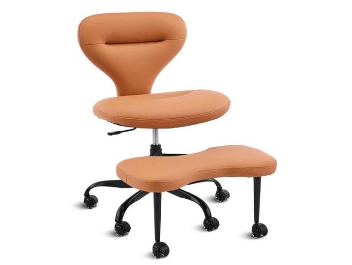Chaise Jambes Croisées de Méditation en Cuir Orange Fauteuil de Bureau Tailleur Ergonomique avec Roulettes Silencieuses