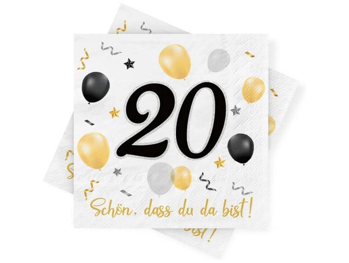 Servietten 20. Geburtstag 30 Stück Schwarz Gold, Mehrfarbig, Papier, 33x33 cm, Geschirr, Tischkultur & Serviergeschirr, Servietten