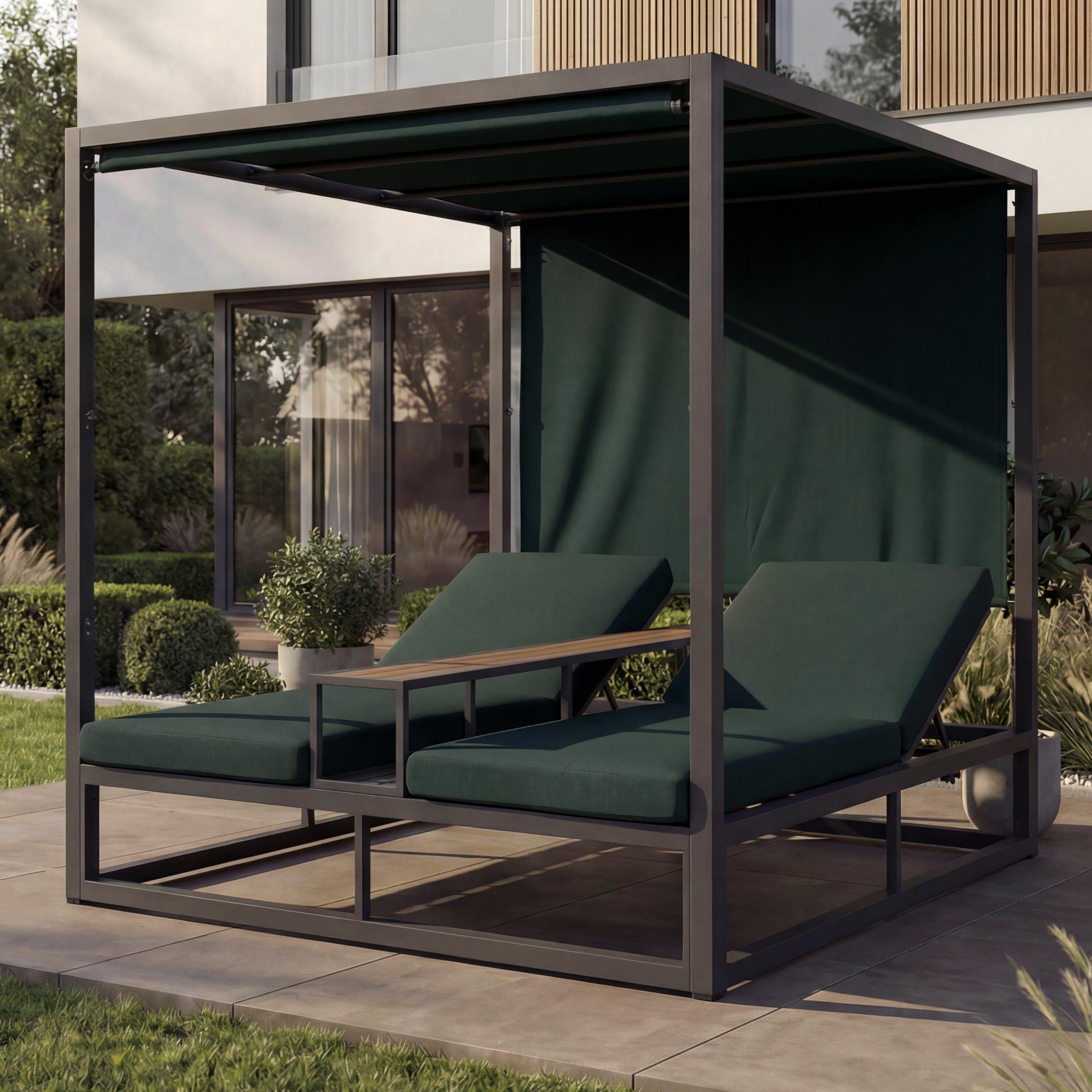 Alu Lounge-Gartenliege HWC-P81, Sonnenliege Daybed, 10cm-Polster 220g/m² 196x165x196cm dunkelgrau, Polster dunkelgrün