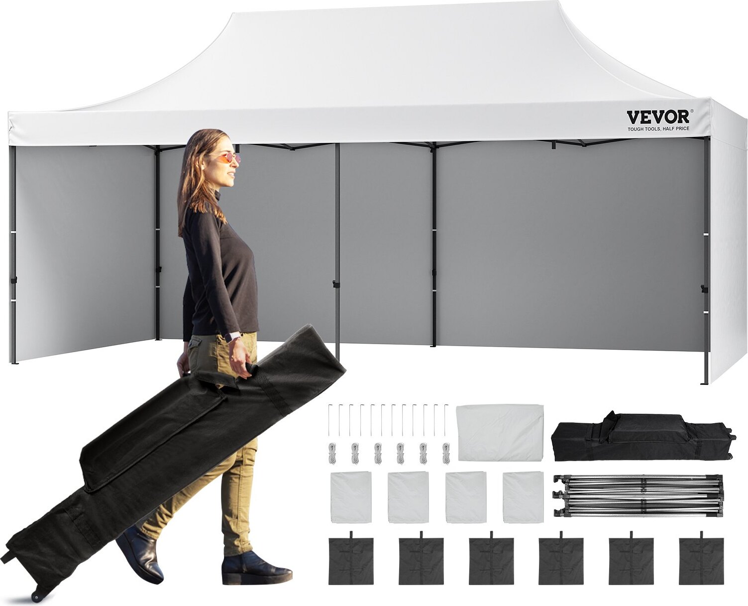 Pavillon 304,8x609,6x320cm Gartenzelt 500D PolyurethanSilber-Gewebe Faltpavillon höhenverstellbar inkl. Aufbewahrungstasche Partyzelt 12-16 Personen Pop up Zelt Gartenpavillon für Campingausflug