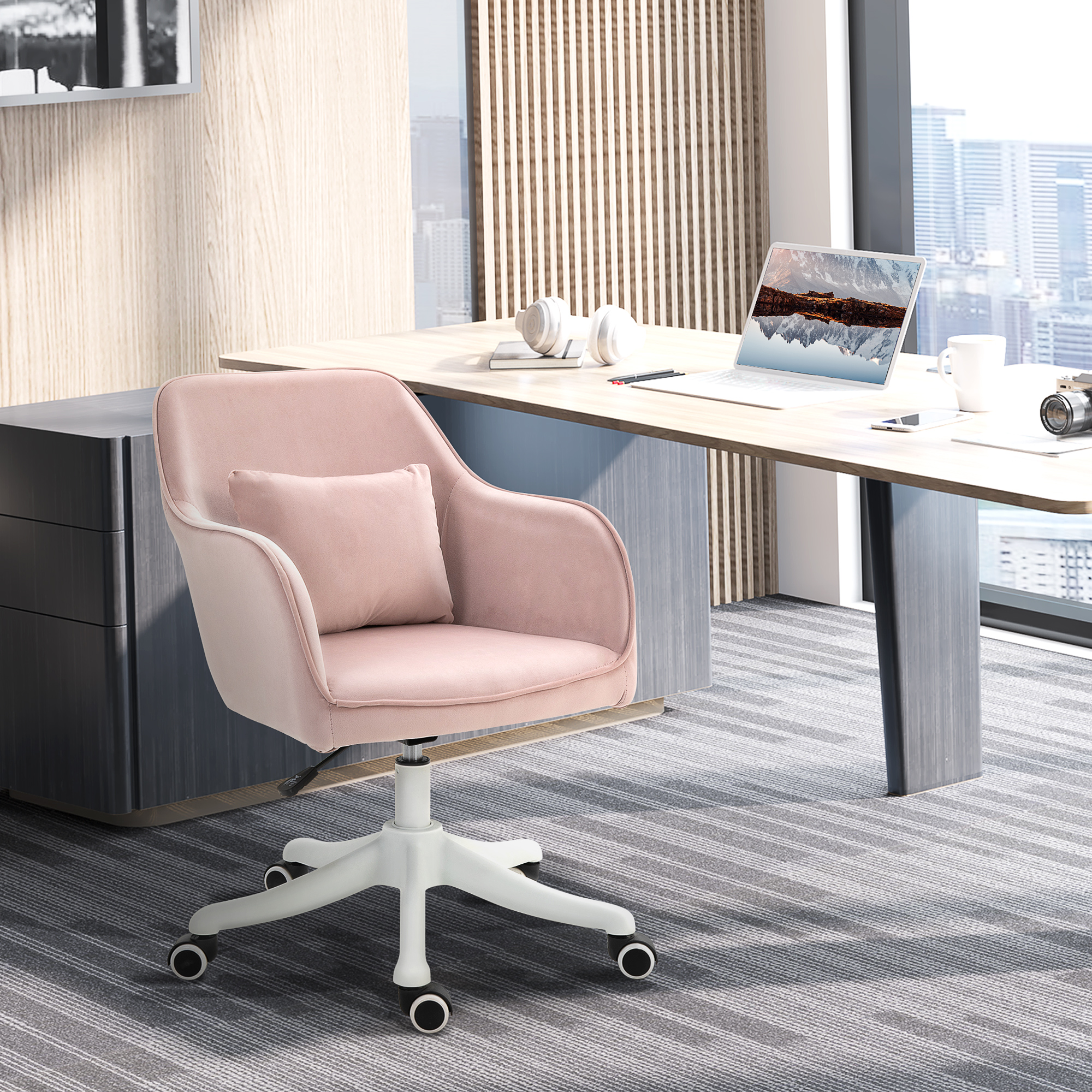 Homcom Vinsetto Sedia da Ufficio Massaggiante a 2 Punti con Cuscino e Braccioli, in Tessuto, 57x70x78-86 cm, Rosa