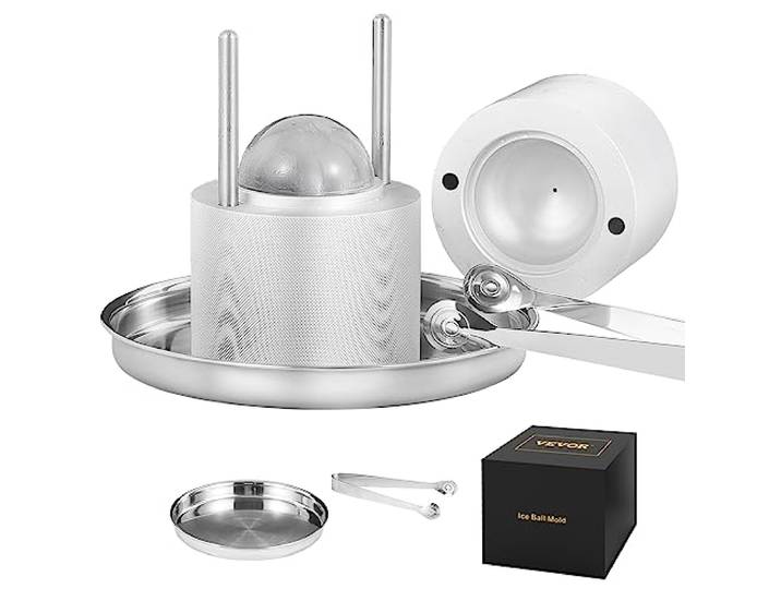 VEVOR Presse à Glaçons Sphères de 61 mm Moule à Glaçon Rond en Alu Bac à Glaçons Ronds avec Pince Fabrication Rapide de Glaçons Boules pour Boissons Cocktails Whisky Café Soirées Pyjama Bars Argenté