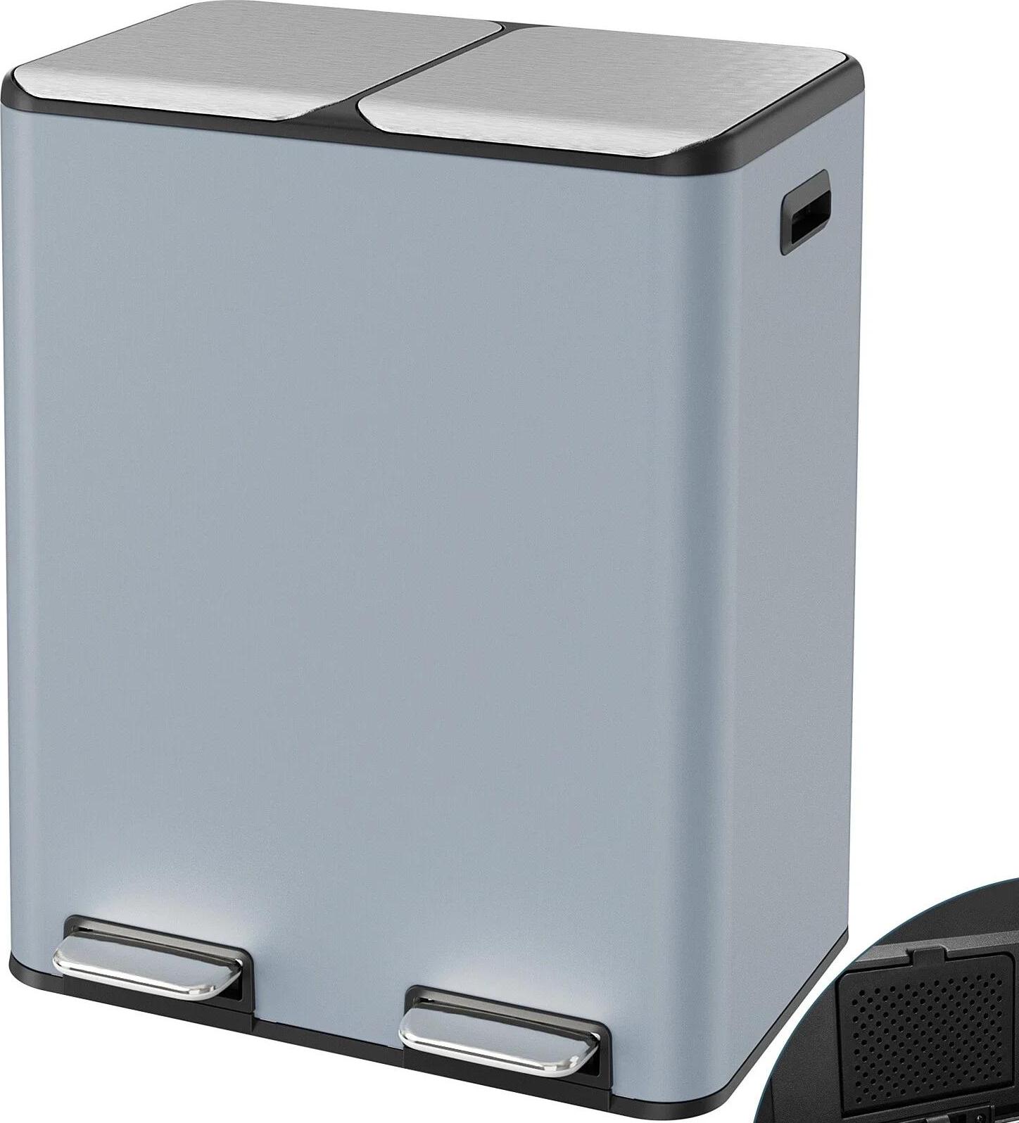 Mülleimer mit 2 Fächern - Edelstahl-Pedaleimer - 60 l - Geruchsfilter - Herausnehmbare Inneneimer - Rechteckig - Blau-Grau