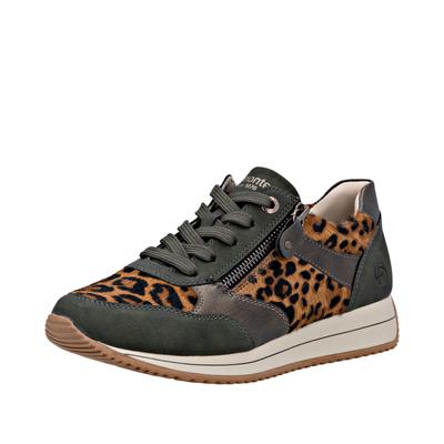 Keilsneaker REMONTE, Damen, Gr. 38, Textil, grün (khaki, leo), Leder, Lederimitat, Schuhe, Schnürschuh, Halbschuh, Casual-Sneaker mit Innenreißverschluss