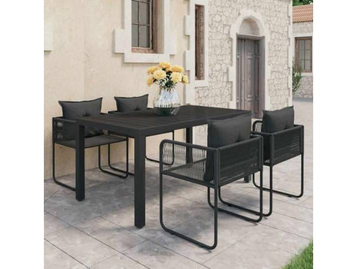 HEFZGDB 5-TLG. Garten-Essgruppe aus PVC-Rattan in Schwarz mit Stahlgestell und WPC-Tischplatte, Outdoor Esstischgruppe für Terrasse und Garten, wetterbeständige und langlebige