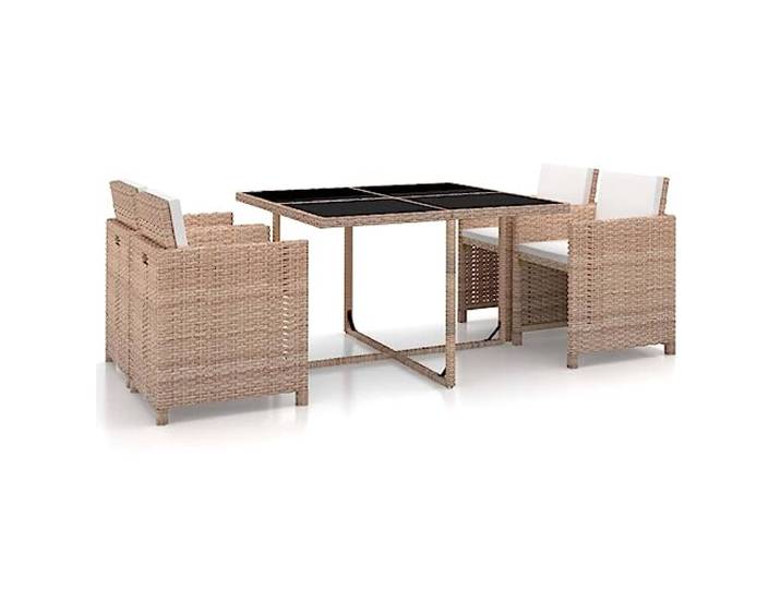 RJPLMFV Essgruppe für den Außenbereich, 5-teilig, Rattan, Beige, mit Kissen Gestell aus pulverbeschichtetem Stahl, Tisch aus Glas, schwarze Kissen, waschbar, 1 Tisch, 4 Stühle, 8 Kissen