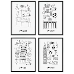 POSTER Set mit 4 Blättern Europa 1 A4 Schwarzer Rahmen