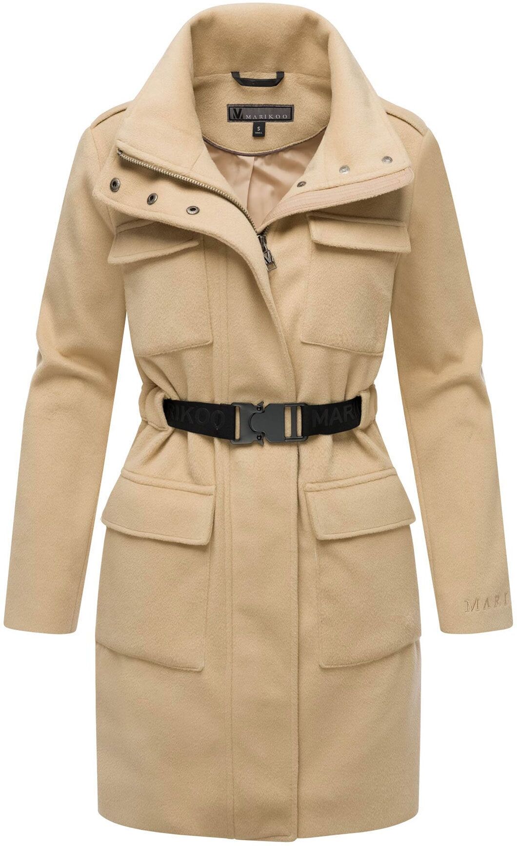 Kurzmantel MARIKOO "Tanokoo", Damen, Gr. L, beige, 90% Polyester, 10% Viskose, Mäntel Kurzmantel, Eleganter Übergangsmantel mit großen Taschen und Stretch-Gürtel