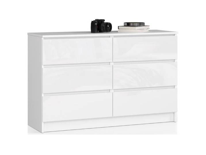 Commode AKORD K120 Blanc 120 cm 6 tiroirs façade Blanche Brillante 120x40x77 cm
