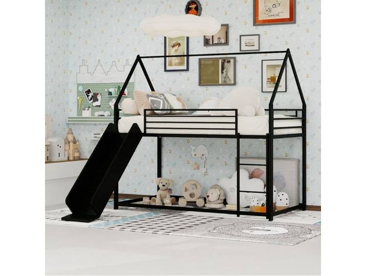 Lit superposé 90x190 cm - Lit superposé enfant en métal 90x190 - Lit cabane avec toboggan échelle et barrières - Noir