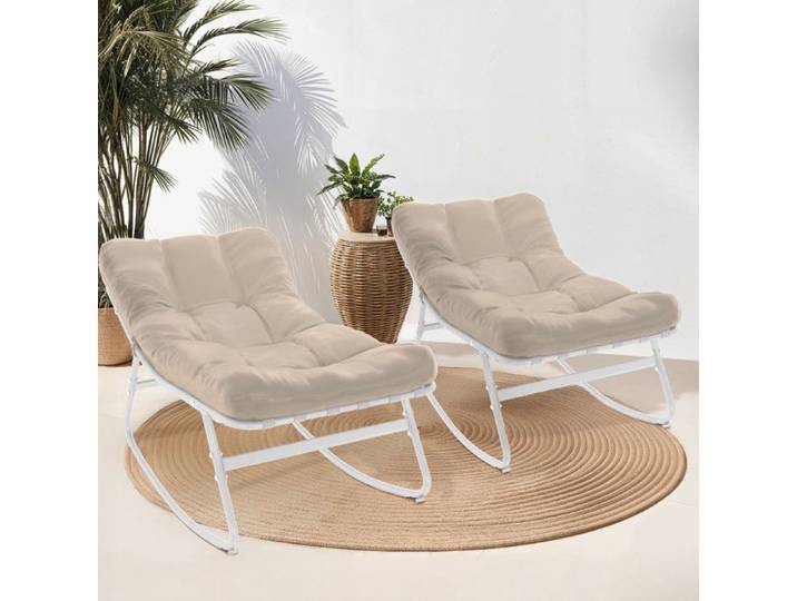 IDMARKET Lot de 2 fauteuils de jardin à bascule ARONA blanc coussin beige