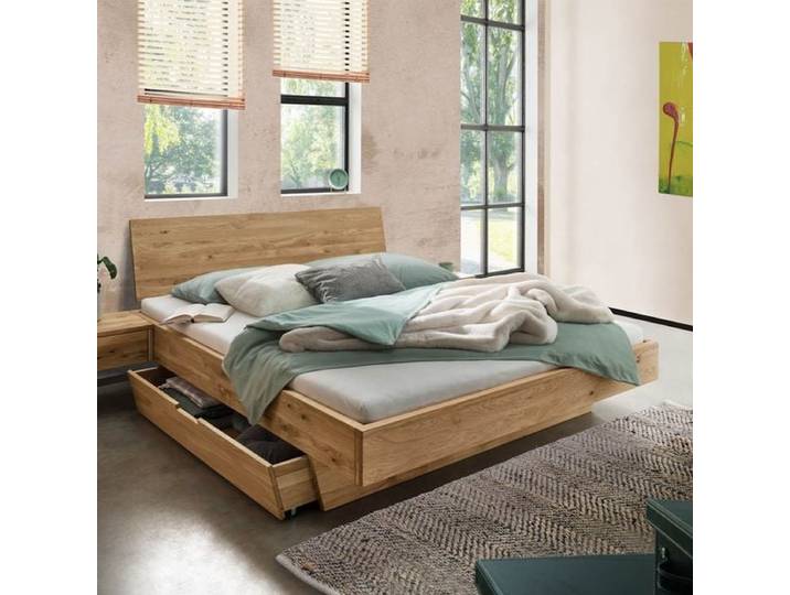 Bett Adrien Komfort Wildeiche Massivholz mit Schubkasten 180x220cm skandinavisch, Mit Kopfteil höhenverstellbar