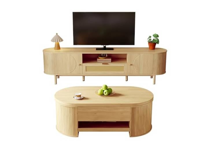 Ropilly wohnzimmermöbel Set modern, Couchtisch & TV-Schrank Holzoptik Set mit höhenverstellbarem Couchtisch und 175 cm TV-Schrank, MDF mit Metallbeinen in warmer Holzoptik.