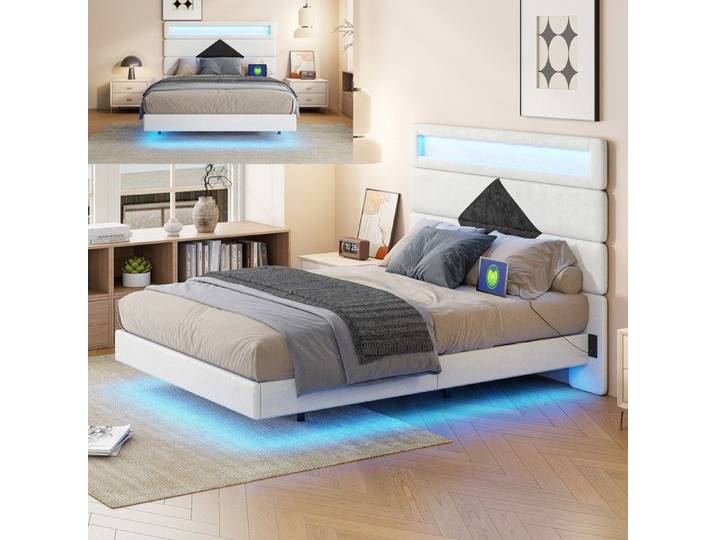 Structure de lit - avec LED et USB - lit adulte 140x190 cm - tissu en Velours - cadre de lit adulte - 140x190 cm - Blanc