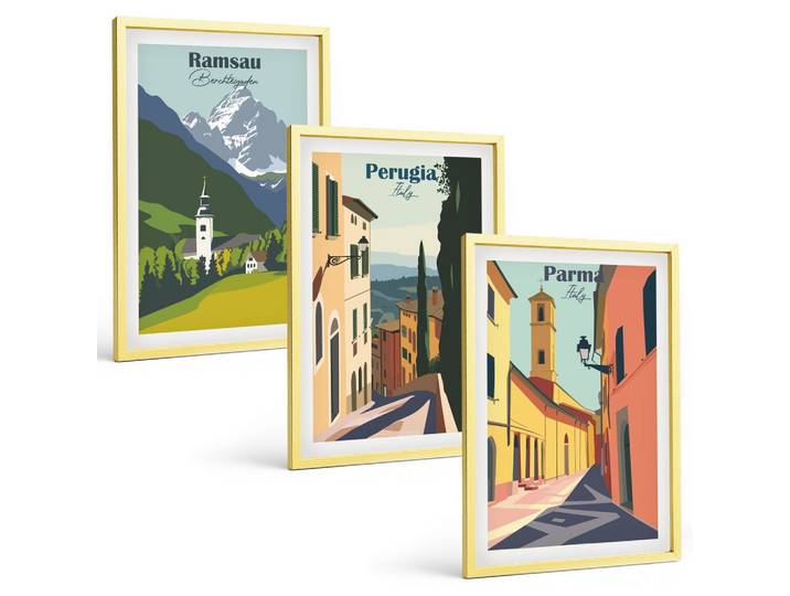 BILDER SET 3er Set - 40x60 cm Goldrahmen - Berglandschaften und Italien