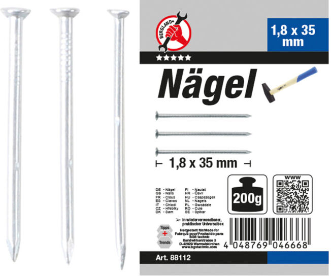 BGS Assortiment de clous 200 g 1,8 x 35 mm ; BGS Do it yourself (88112)