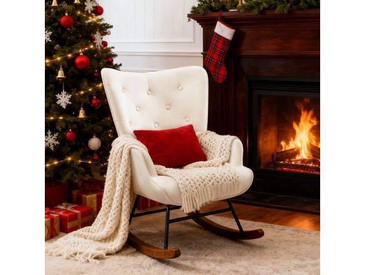 Fauteuil à bascule HomeMiYN en velours chaise berçante scandinave rembourrée avec coussin lombaire structure métal et bois Beige