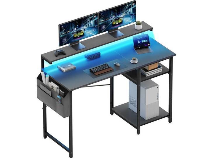 ECOFURNIX Bureau avec Rangement 120 x 48 cm Petit Bureau Informatique avec LED & Support de Moniteur Étagères Réglable Gris
