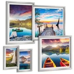 BILDER SET 5er Set - 50x50 cm & 20x30 cm & 40x60 cm Silberner Rahmen - Seen- und Berglandschaft Łódź