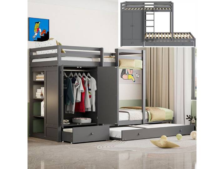 Lit superposé enfant 2x90x200 cm - Lit enfant 90x190 - Armoire intégrée - Tiroirs & Étagère - Gris - Bois massif - Certifié EN747