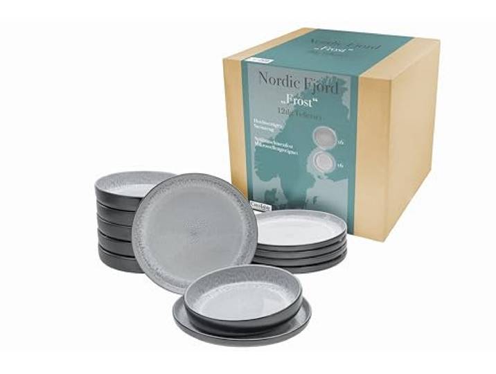 CreaTable\, 21520\, Série Nordic Fjord\, Set de 12 pièces de vaisselle\, Set d'assiettes en grès\, lavable au lave-vaisselle et au micro-ondes\, production de qualité\, Frost
