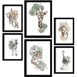 POSTER Set Mit 6 Wilde Tiere Weißer Hintergrund Mit Tiermotiven Im Pastell Muster Stil A3 & A4 Rahmenlos
