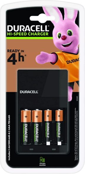 Pilas recargables con cargador - Duracell CEF14, 4 (2 AA y 2 AAA), 4h de carga, Negro
