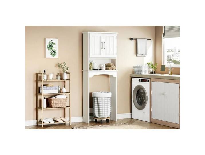 Armoire rangement au‑dessus WC 2 portes double étagère ouverte anti‑bascule blanc