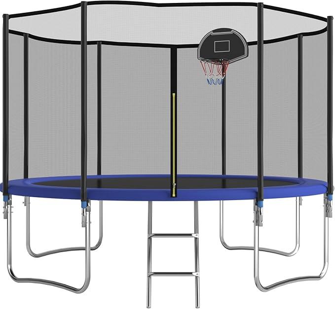 , Trampolin Outdoor ? 305/366 cm, Kindertrampolin Gartentrampoline mit Sicherheitsnetz, Leiter, Basketballkorbbrett,Belastbarkeit 440 Pfund