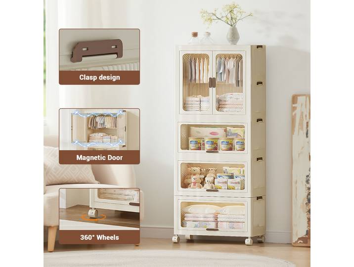 Boîtes de rangement empilables de 70 cm de large avec couvercles, portes magnétiques, roulettes, organisateur de tiroirs en plastique pliable pour le salon, le placard