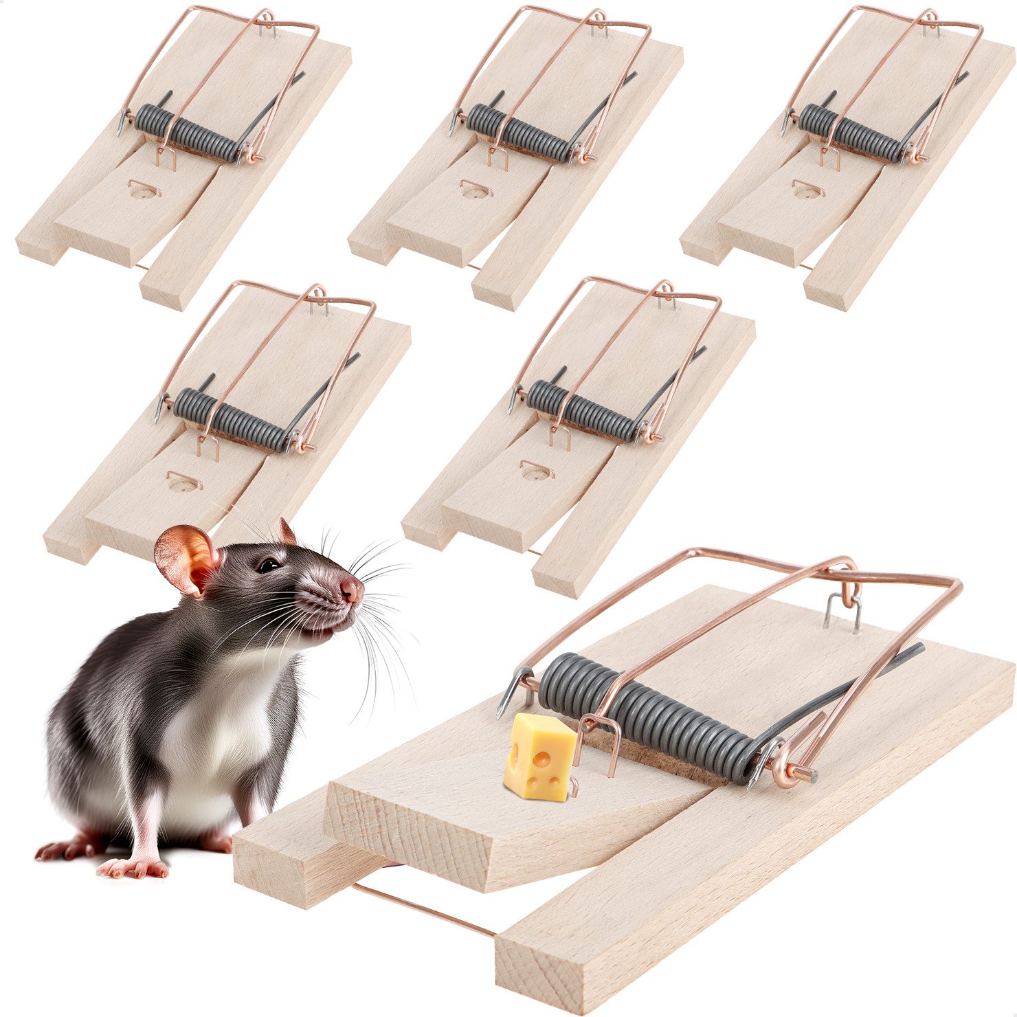 COM-Four set van 6 houten rattenvallen voor ongediertebestrijding