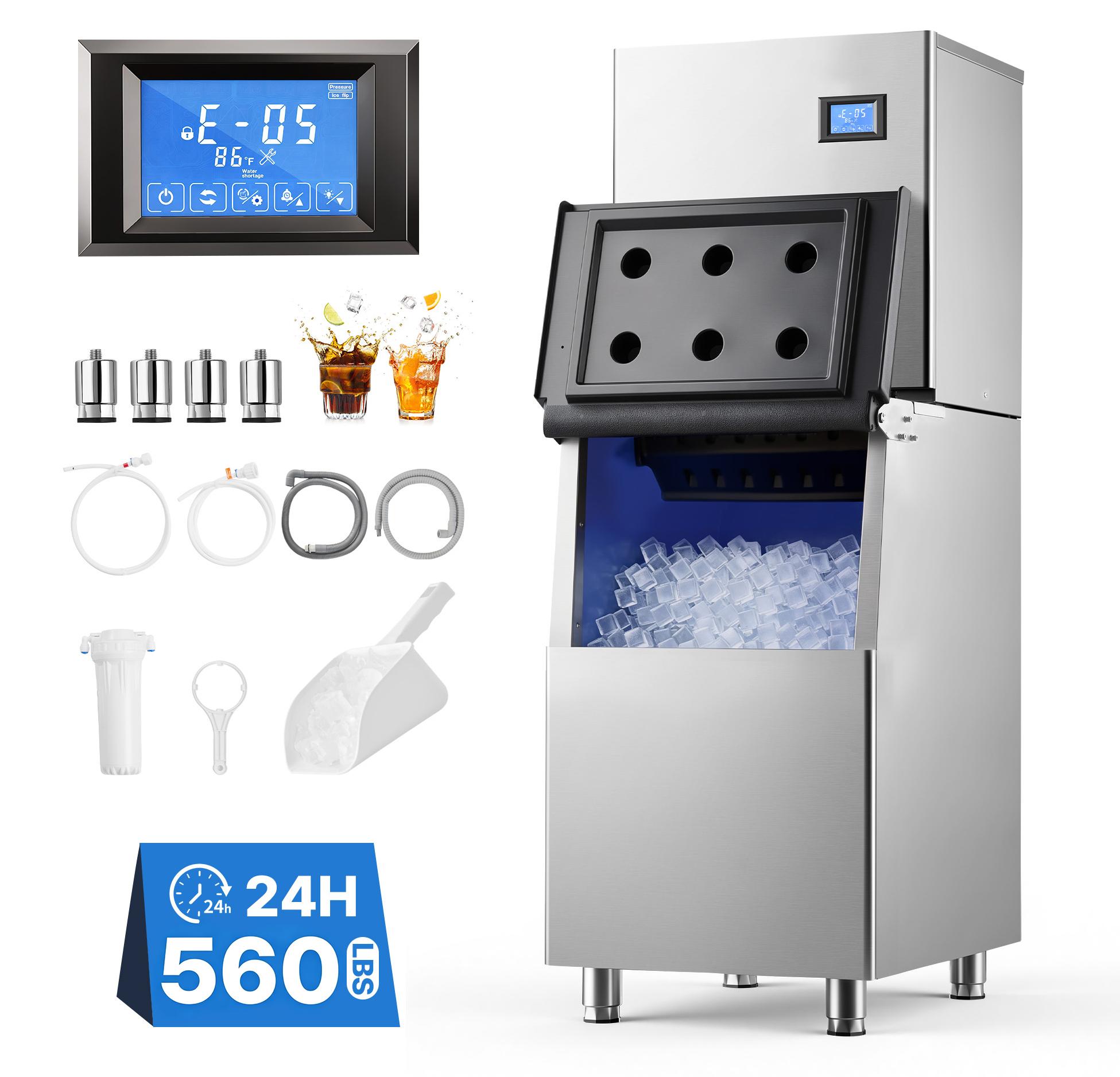 VEVOR Gewerbliche Eiswürfelmaschine 254 kg/Tag Eisproduktion Edelstahl, Eiswürfelbereiter, Touchscreen, Einstellbare Eisdicke, Selbstreinigung, 113 kg Fassender Behälter, 182 Stk. Eiswürfelformen