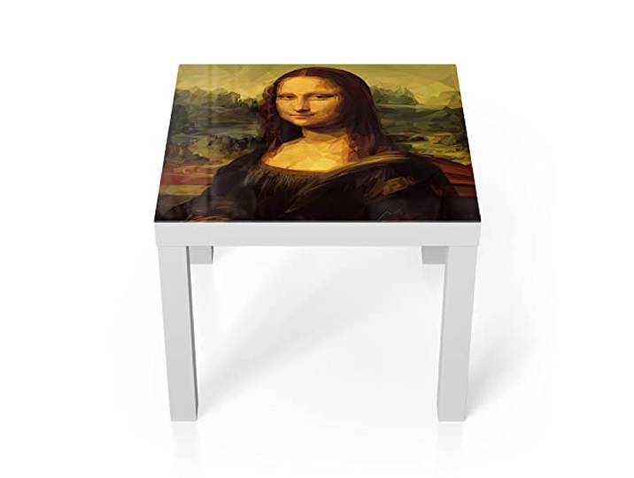 DEQORI Glastisch weiß klein 55x55 cm Motiv Mona Lisa im Polygon Stil ausgefallener Beistelltisch aus Glas Hochglanz Couchtisch fürs Wohnzimmer moderner Couch Tisch mit Design