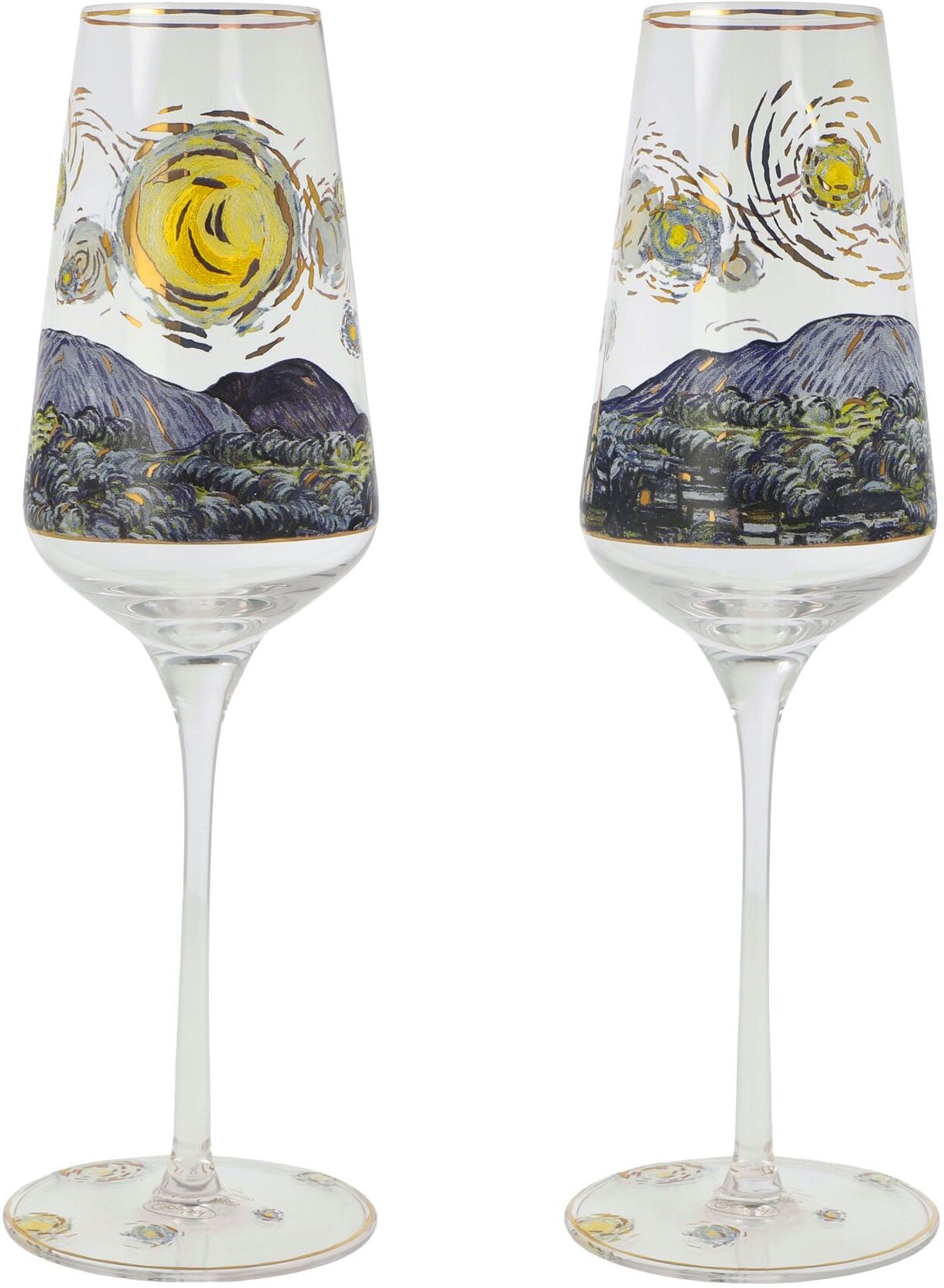 Sektglas GOEBEL "Sektglas Vincent Van Gogh -Sternennacht", gold (bunt), B:7,5cm H:23,5cm, Glas, Trinkgefässe, Sektglas bunt 23,5cm, 1 Stk.