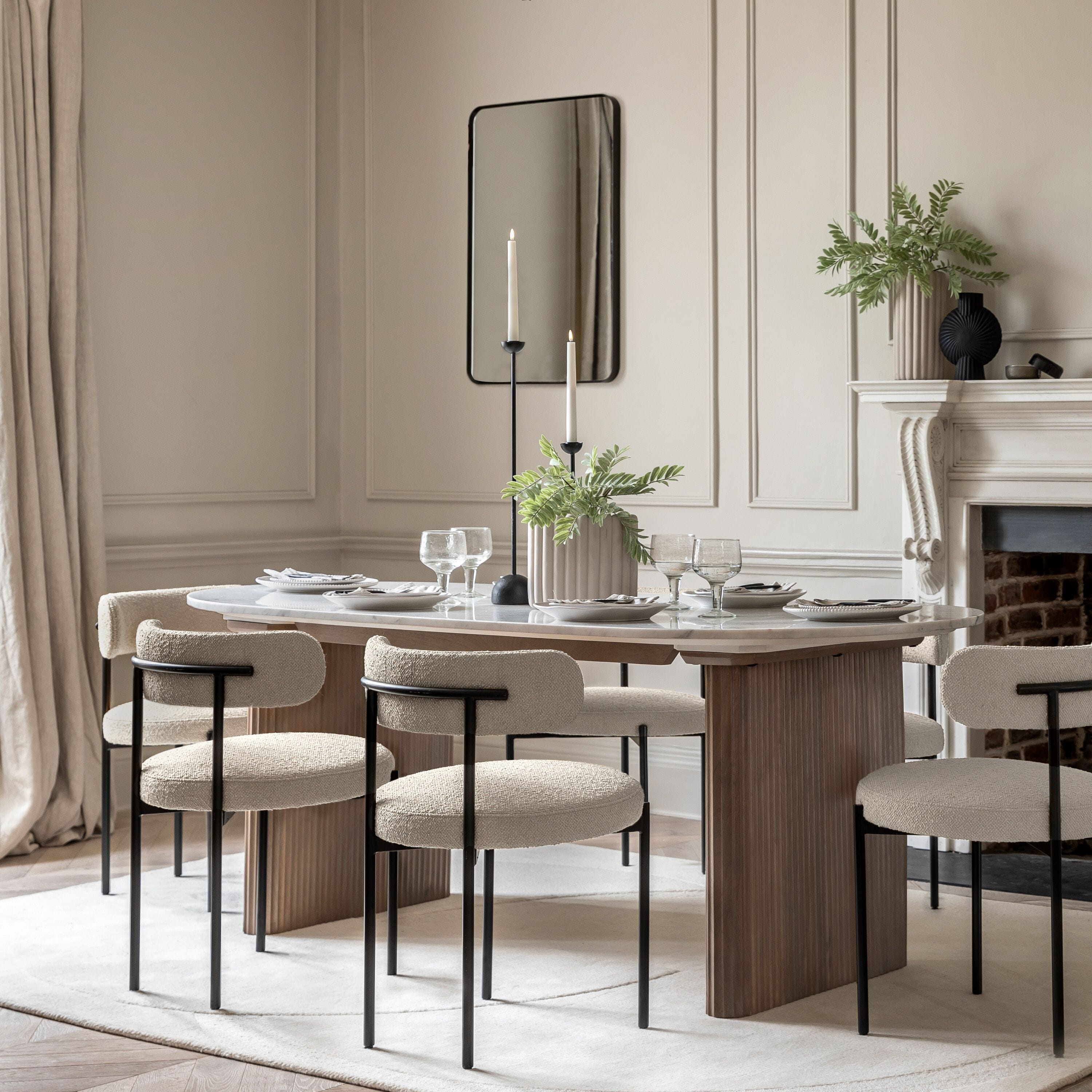 Zoe Neutral Ribbed Wooden Rectangular Dining Table with Marble Top