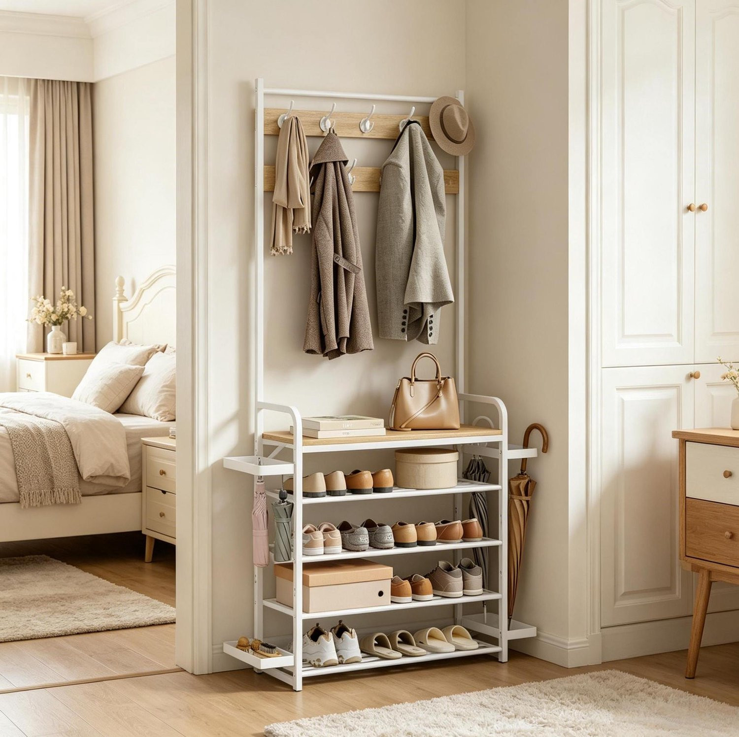 CHICFURN Kledingrek met 9 dubbele haken en 4-laags schoenenrek - Wit