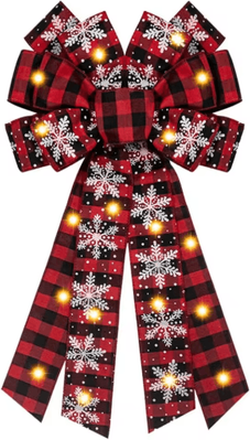 Inspire Picks Large Buffalo Plaid Christmas Wreath & Tree Topper Bow led Snow Bow 19.68 X 11.41 In