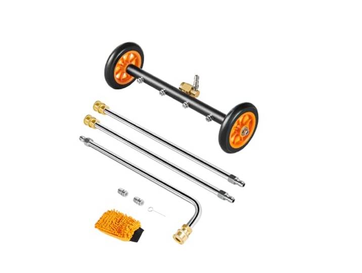 VEVOR Nettoyeur de Surface pour Nettoyeur Haute Pression 415 mm\, Accessoire Nettoyeur Sol en Acier INOX sur Roues\, 275 Bar Max. mécanisme de réglage d'angle 4 Buses pulvérisation 2 tiges d'extension