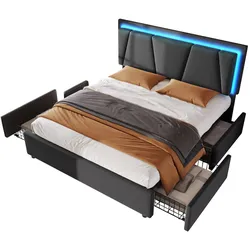 Polsterbett 140x200 cm mit LED-Beleuchtung und 4 Schubladen – Höhenverstellbares Kopfteil in elegantem Grau